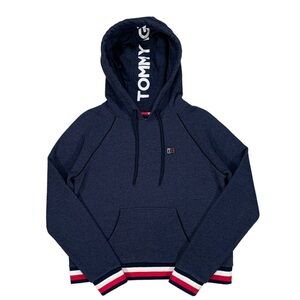 Tommy Hilfiger Women's Blue Pink & White Cropped Hoodie Sweatshirt Size Small